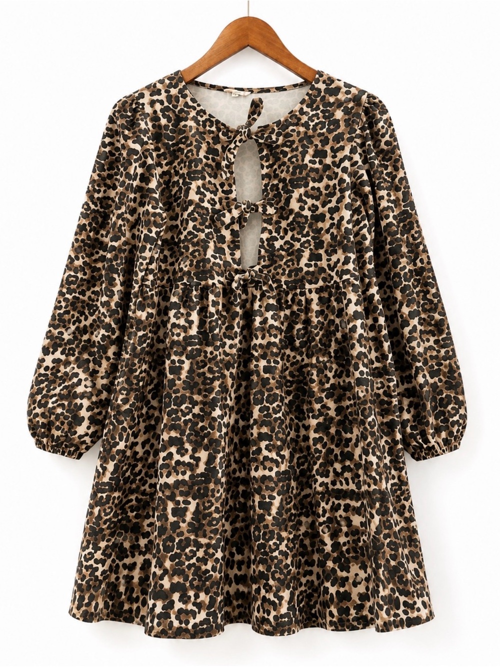 Aaron & Amber Leopard Print Tie Front Babydoll Dress Small Puff Sleeve